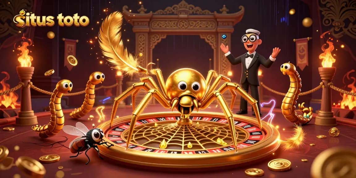 Engage with situs toto as a fly nervously places bets at a roulette wheel web in this illustrative scene.