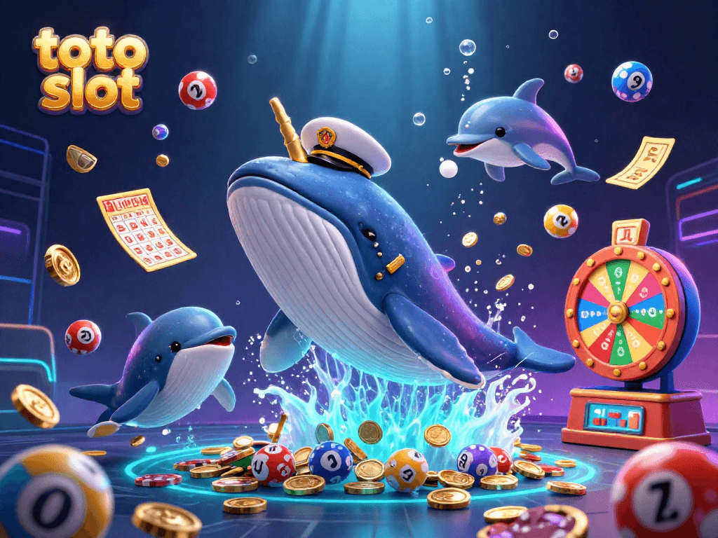 Experience thrilling toto slot action with a whale, narwhal, and dolphins in a vibrant casino scene.