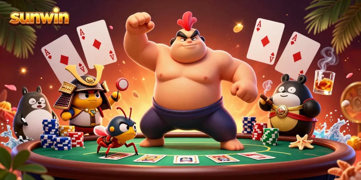 Engage with the thrilling atmosphere of sunwin with a powerful rooster and samurai cricket at a poker table.
