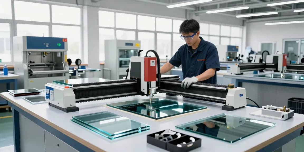 CNC glass cutting table in a busy workshop, showcasing precision glass processing and advanced machinery.
