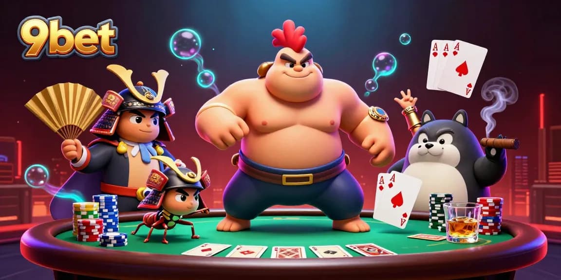 Engage with 9bet's thrilling poker scene featuring captivating characters and vibrant casino elements.