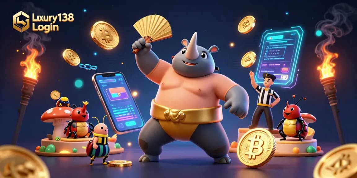 Experience the dynamic Luxury138 Login scene with a rhinoceros beetle champion and exciting casino elements.