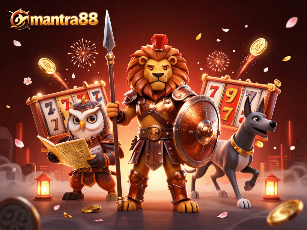 Engage with mantra88's thrilling gameplay featuring vibrant slot reels, a heroic lion, and dynamic casino elements.