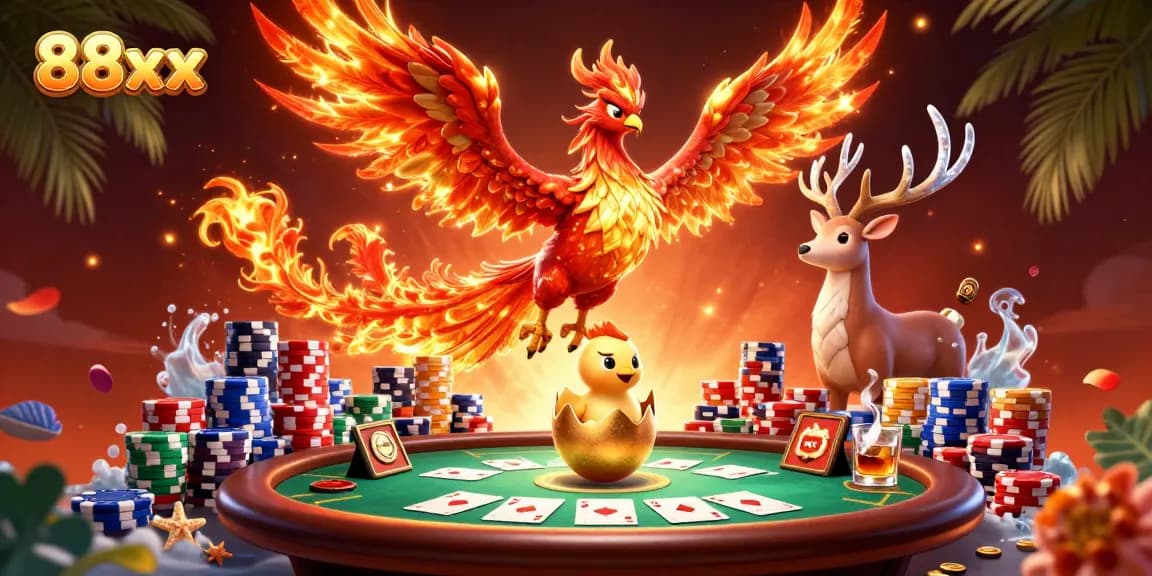 Experience the exhilarating world of poker with 88xx as fiery phoenixes soar and poker chips fly in this thrilling casino scene.