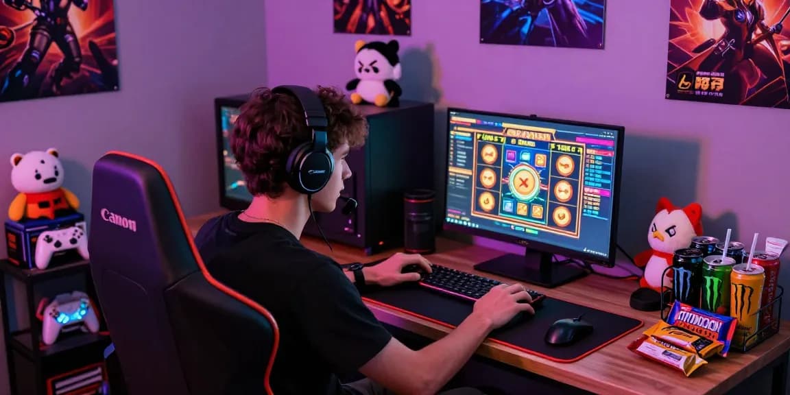 slot depo 5k young gamer immersed in online casino excitement with vibrant gaming setup