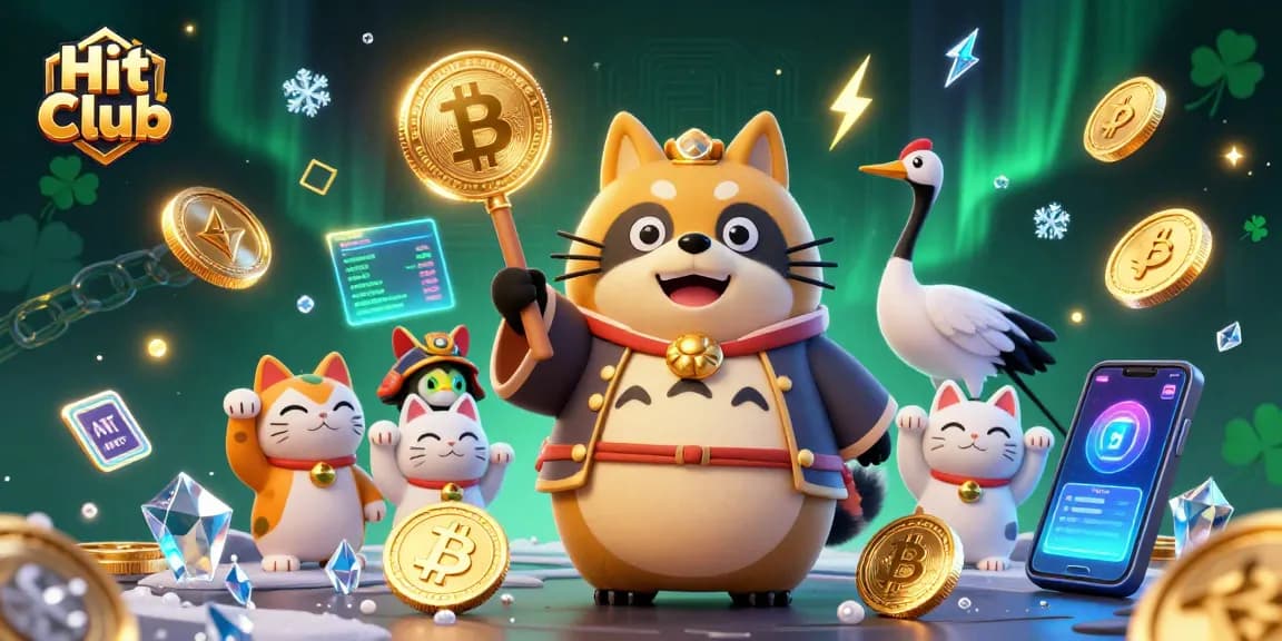Hit Club features a cheerful tanuki celebrating wins with vibrant colors and cryptocurrency in a dynamic casino scene.
