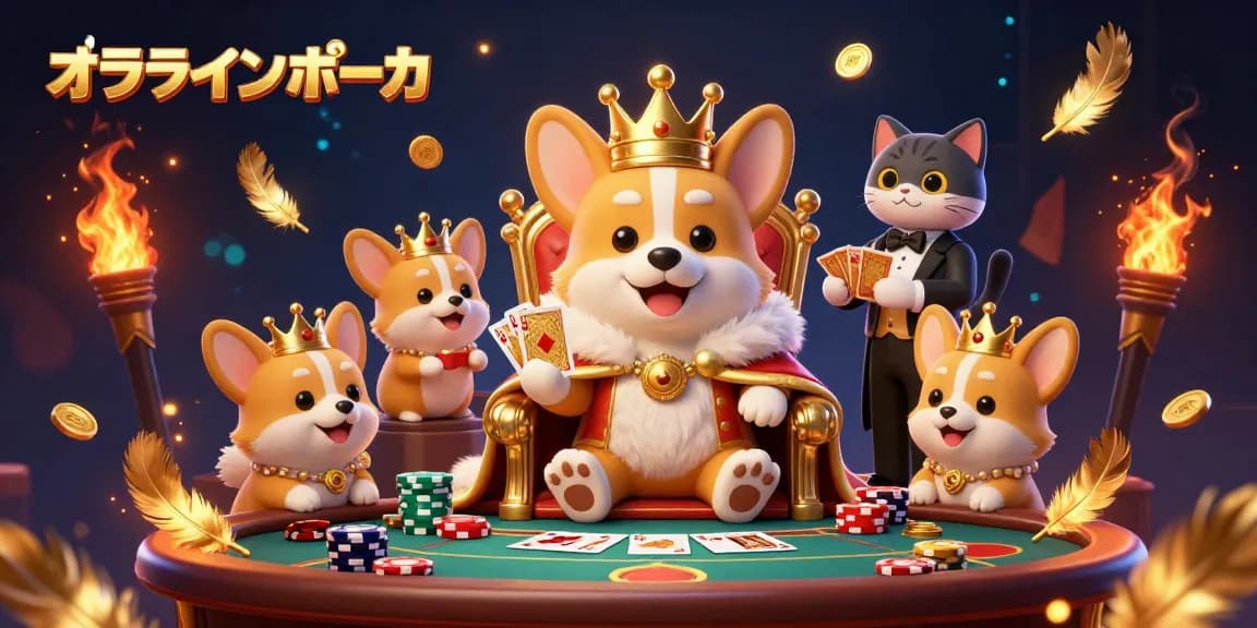 オンラインポーカで勝負する王族のコーギーとプレゼンテーションする猫バトラーが描かれたビジュアル