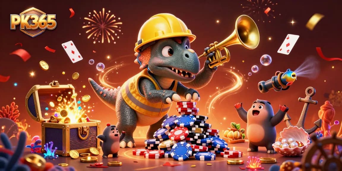 PK365 triceratops builds poker chips with colorful gems and festive confetti in a vibrant casino scene