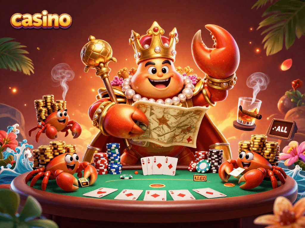 Experience thrilling casino action with a massive golden crab emperor and vibrant poker elements.