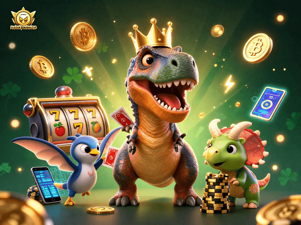 Spin to win with nohu-toa-thap featuring fun characters shuffling cards and stacking gold chips.