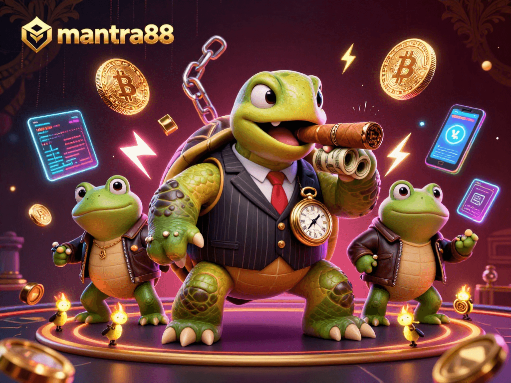 Engage in thrilling bets at mantra88 with a vibrant casino scene featuring turtles and frogs.