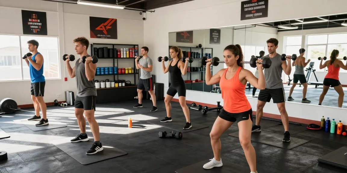 Group exercising in gym with Astera Steroids Shop products visible, showcasing fitness dedication.