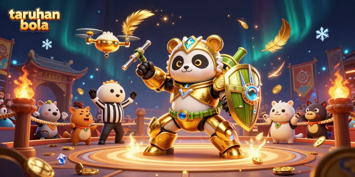 Engage in taruhan bola action with a colorful 3D scene of a panda battling in a sports arena.