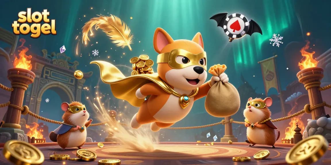 Experience the thrill of slot togel with a superhero dog and sidekick in a festive casino scene filled with gold coins and excitement.