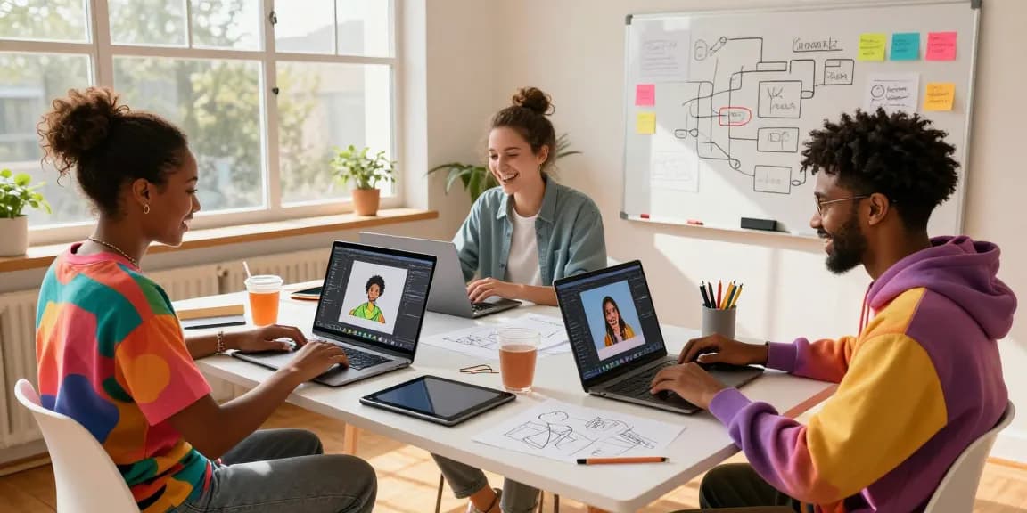 Artists collaborating using nano banana 2 for creative digital editing in a vibrant workspace.