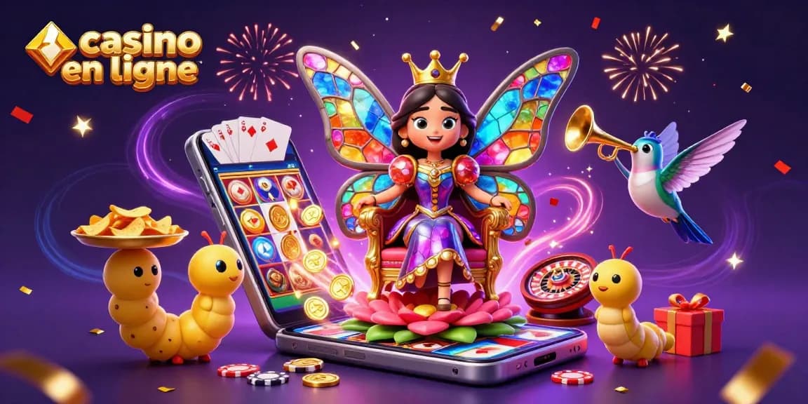 Casino en ligne avec une reine papillon et des éléments de jeu festifs.