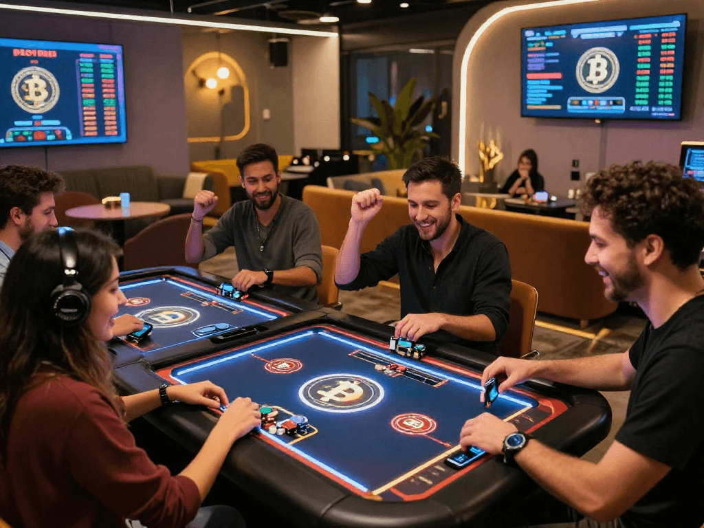 Exciting crypto casino scene with players celebrating wins at high-tech gaming tables.