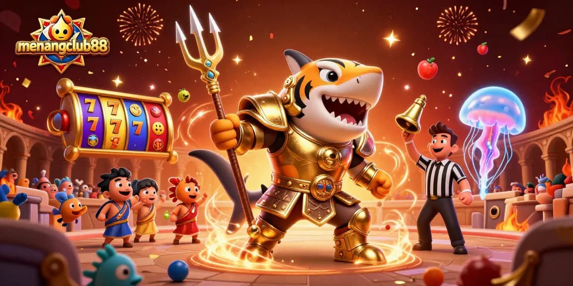Experience menangclub88 excitement with a dynamic casino scene featuring a golden shark and slot reels.