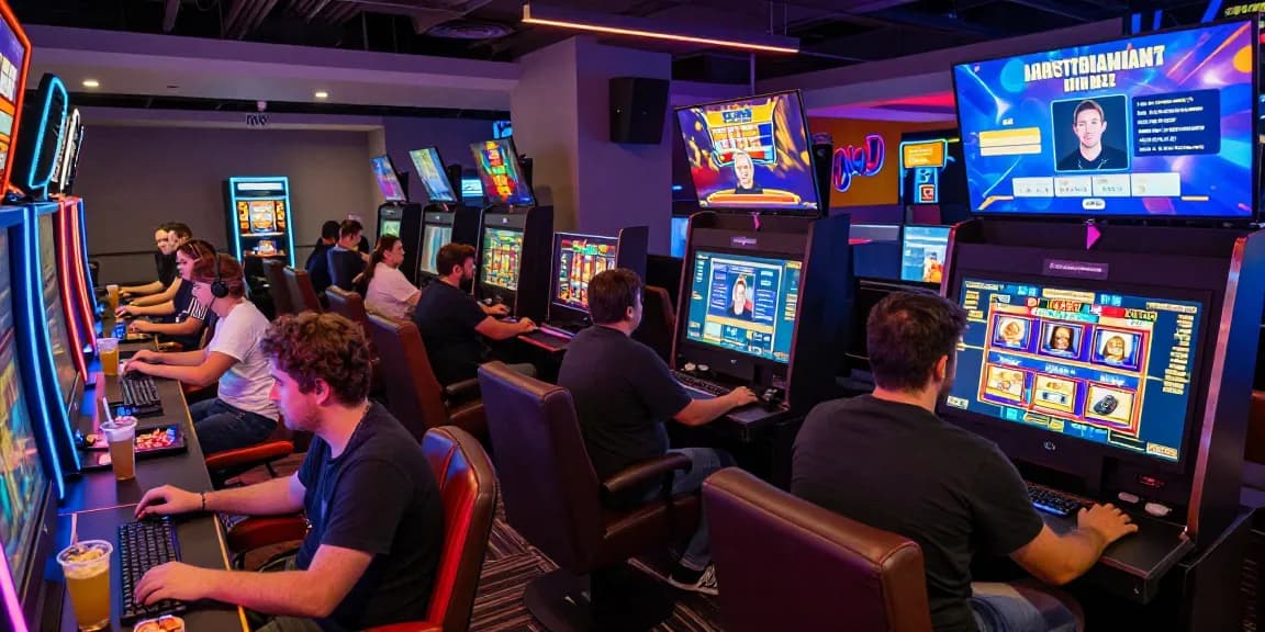 Engaged players exploring link alternatif raja328 in a vibrant online gaming lounge with colorful screens and lively atmosphere.