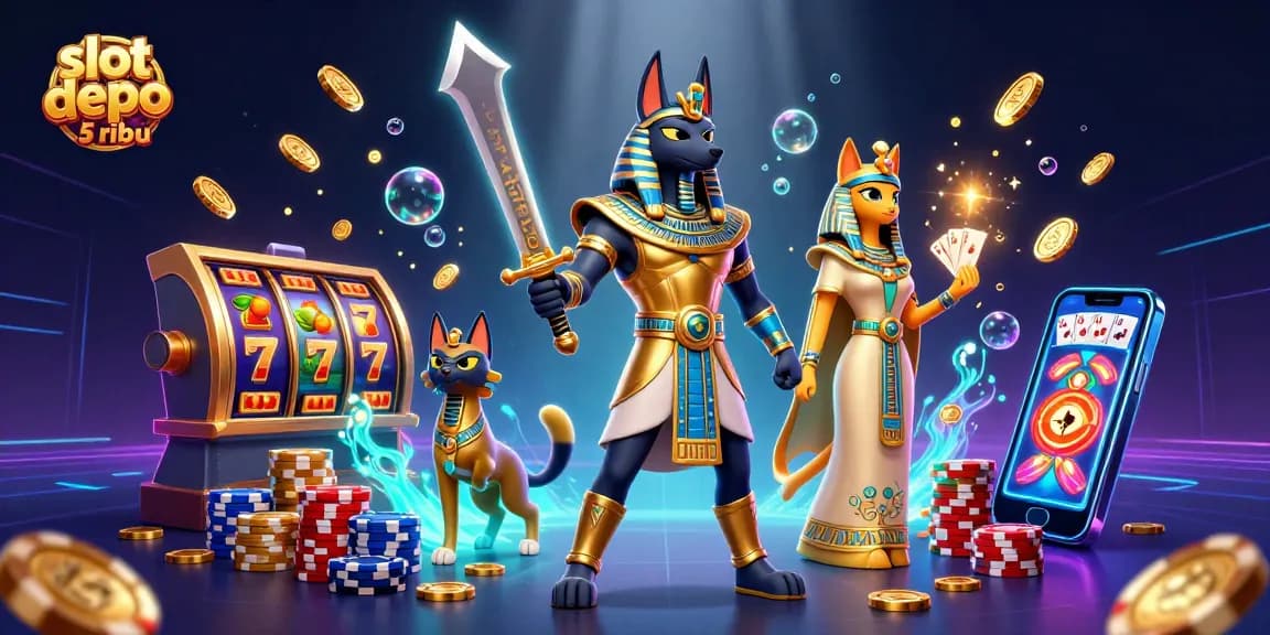 Engage with slot depo 5 ribu through this vibrant 3D illustration showcasing dynamic slot reels and sparkling casino elements.
