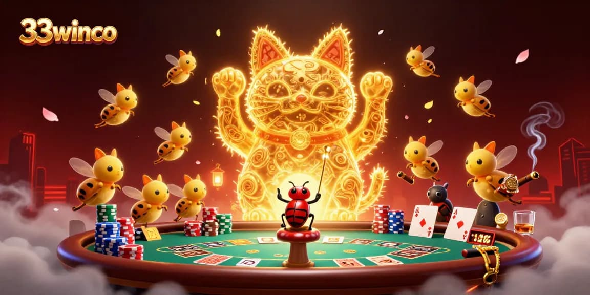 Experience thrilling gameplay at 33winco, featuring a lively lucky cat made of fireflies and dynamic casino elements.