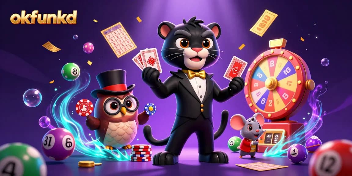 Engage with okfunkd's vibrant casino scene featuring a stylish cartoon panther, owl, and mouse.