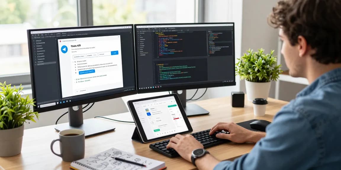 Software developer using telegraimin.com in a modern workspace with dual monitors and coding tools.