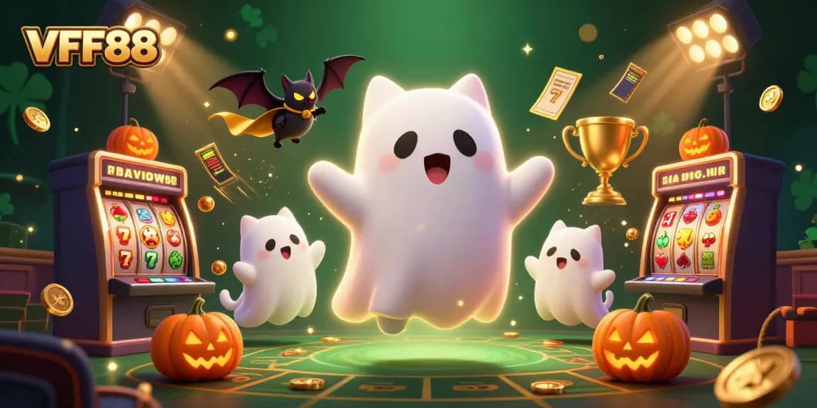Engage with thrilling VFF88 slots and jackpots as a friendly ghost cat explores a haunted casino.