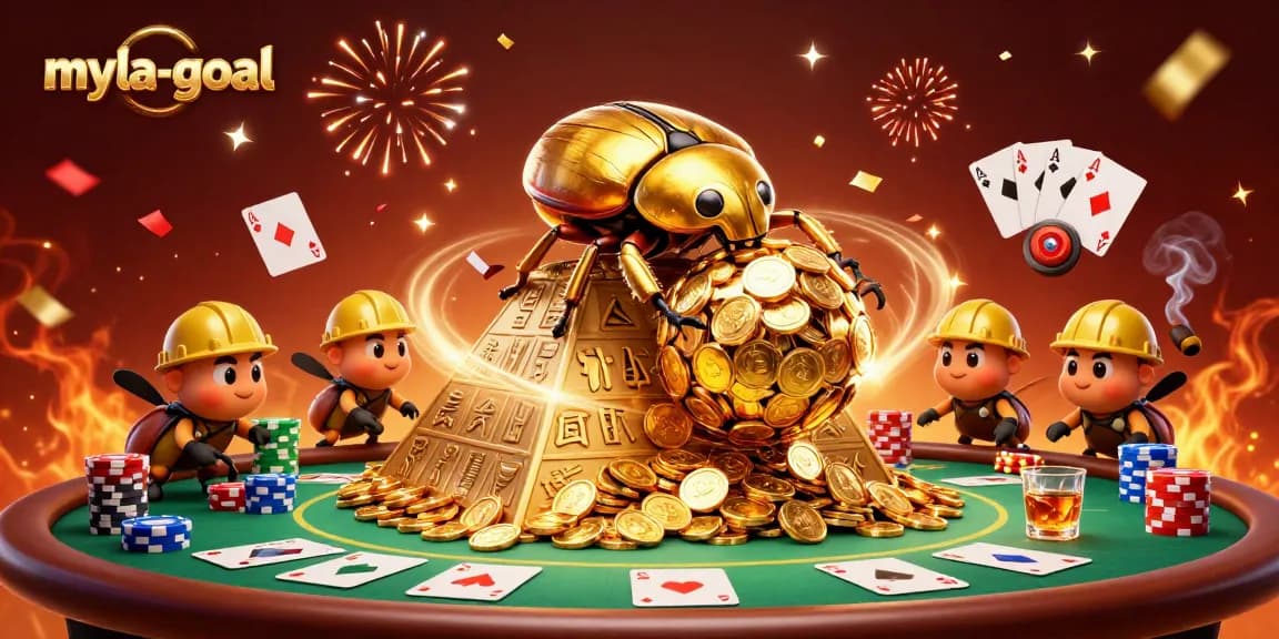 Experience thrilling gaming moments in myla-goal, with a golden beetle rolling coins amid vibrant casino elements.