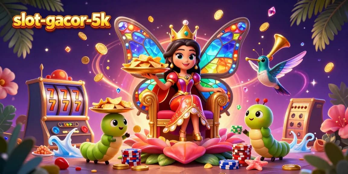 Experience the thrill of slot-gacor-5k with a vibrant 3D scene showcasing colorful casino elements and characters.