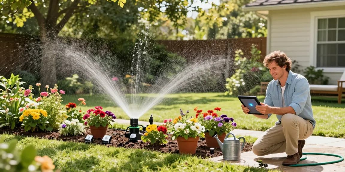 Efficient rainpoint automatic watering system managing vibrant garden plants and flower beds.