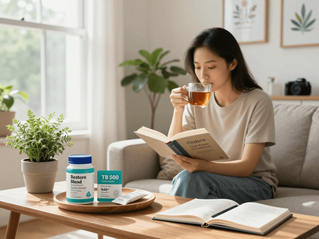Discover TB 500 benefits in a cozy wellness setting with health products and a nurturing atmosphere.