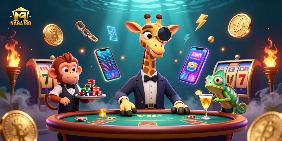 NAGA188 menampilkan jerapah bergaya berkelas di meja poker dengan koin Bitcoin dan Ethereum menyebar di sekitarnya