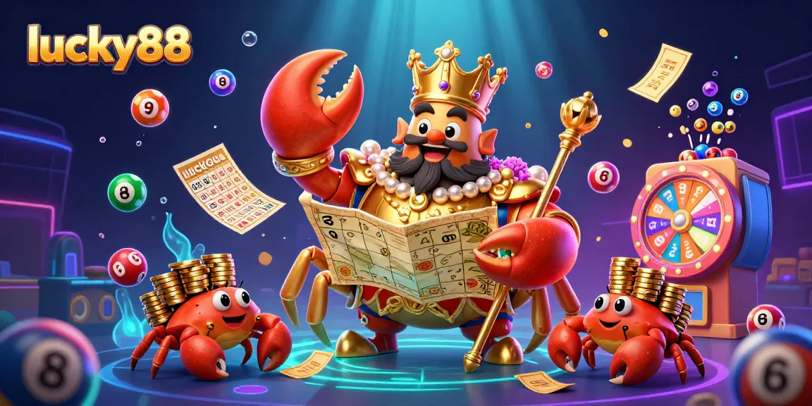 Engage with lucky88 through an ultra-detailed 3D illustration featuring a crab emperor and dynamic lottery elements.