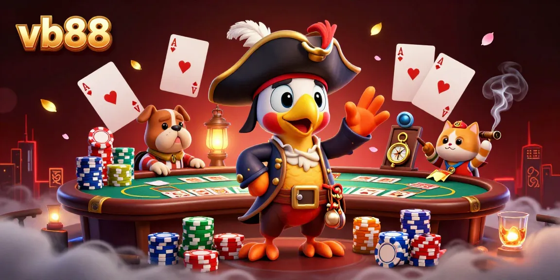 vb88 casino adventure with 3D cartoon pirate characters and poker elements