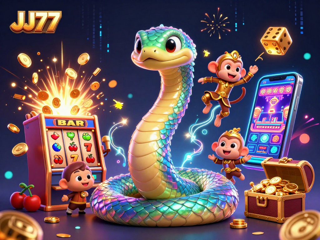 Experience thrilling casino adventures with JJ77's vibrant characters amidst dynamic slots and jackpots.
