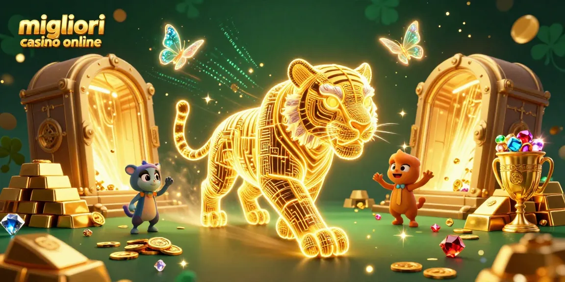 Scopri i migliori casinò online mentre giochi con una tigre dorata e una pioggia di gioielli.
