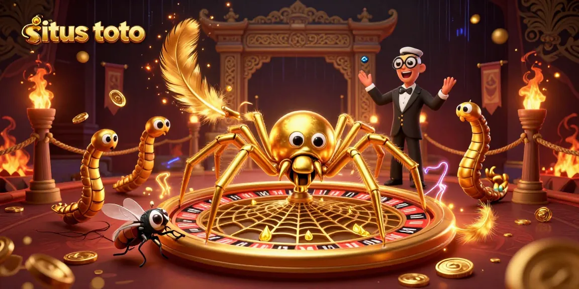 Engage with situs toto as a fly nervously places bets at a roulette wheel web in this illustrative scene.