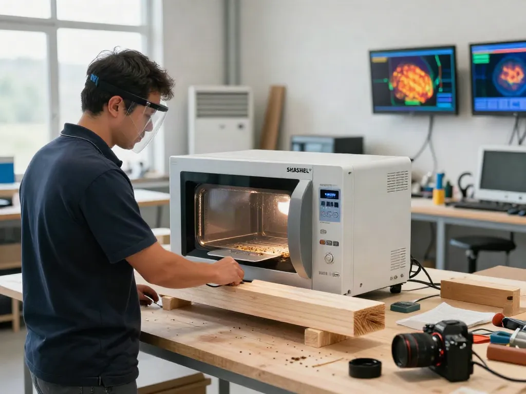SHASHEL® microwave device eliminating wood-boring insects in a modern workshop setting.