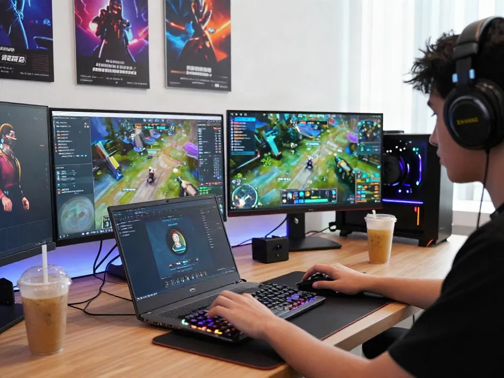 Engaged gamer utilizing rokok88 apk on a vibrant digital workspace with dynamic gaming peripherals.