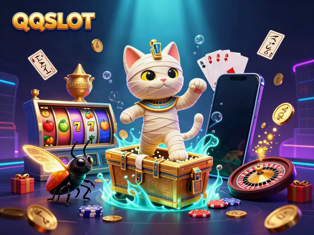 Spin and win with QQSLOT in a vibrant pyramid casino scene filled with treasures.