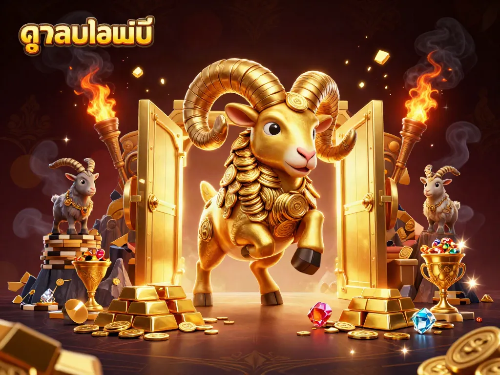 Experience exhilarating ดูบอลออนไลน์ with the vibrant golden ram charging through luxurious riches in this rich gambling scene.