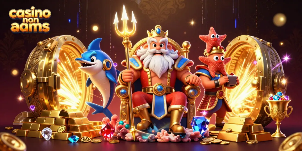 Scopri il divertimento dei casino non AAMS con un'illustrazione vivace e dinamica di Nettuno e tesori!