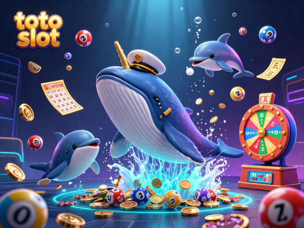 Experience thrilling toto slot action with a whale, narwhal, and dolphins in a vibrant casino scene.