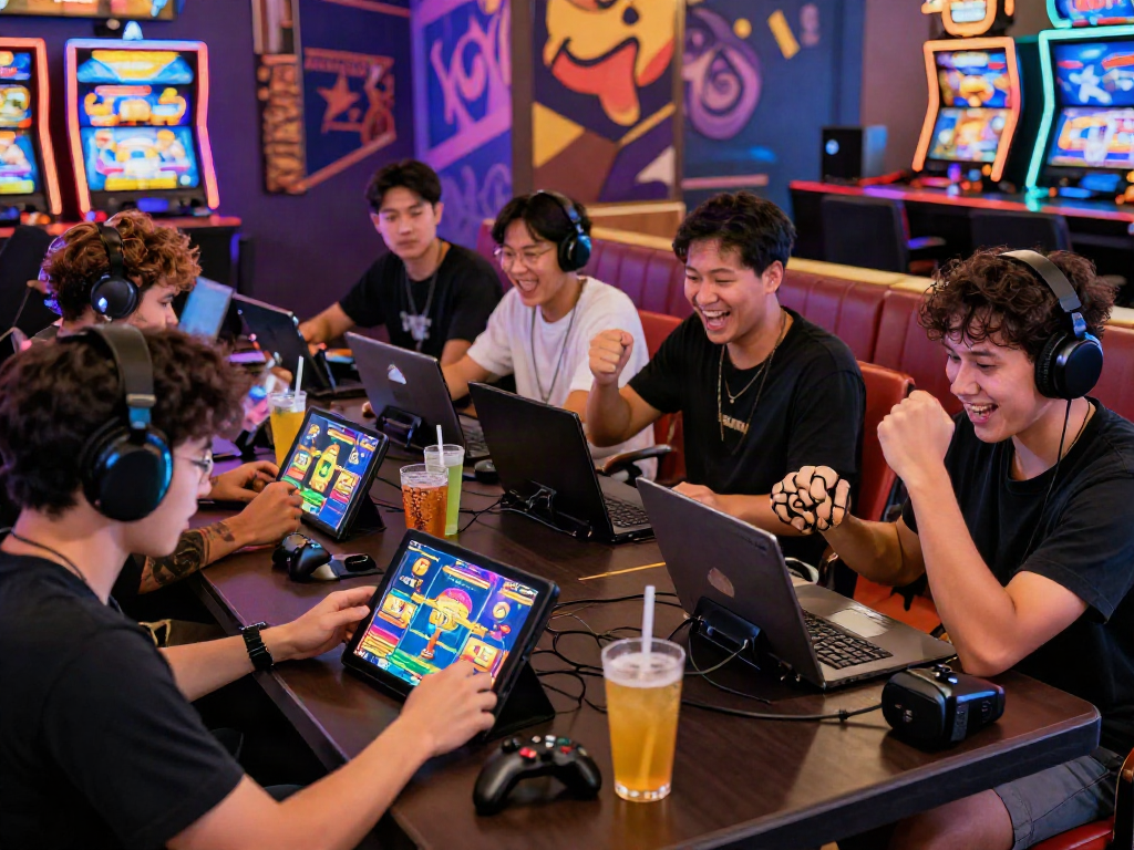 Exciting bandar slot gacor gaming scene with diverse players engaged in colorful gameplay.