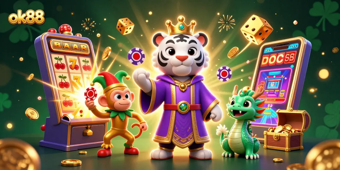 Win big at ok88 with the captivating 3D illustration showcasing exciting casino elements and vibrant characters.