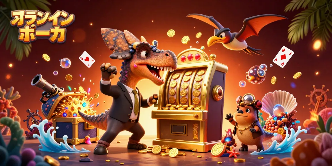 オンラインポーカーでのポーカーゲームを楽しむ恐竜たちとジャックポットの賑わい