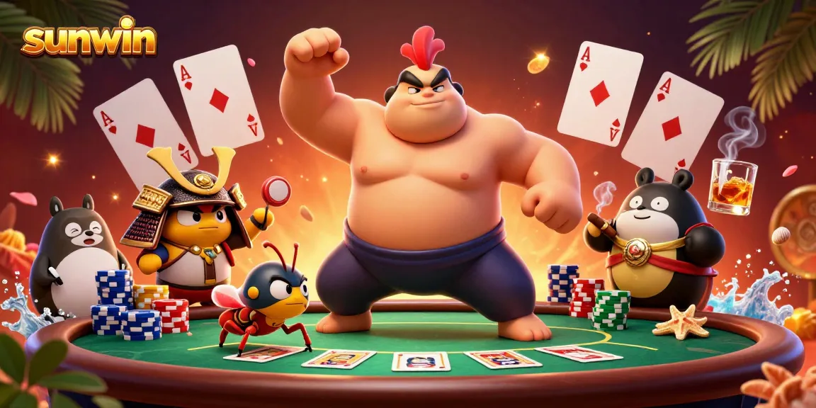 Engage with the thrilling atmosphere of sunwin with a powerful rooster and samurai cricket at a poker table.