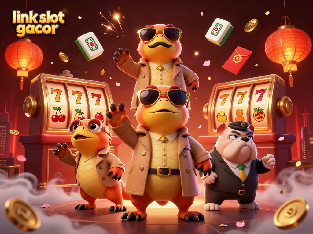 Engage in link slot gacor excitement with vibrant 3D casino scene showcasing playful raptors