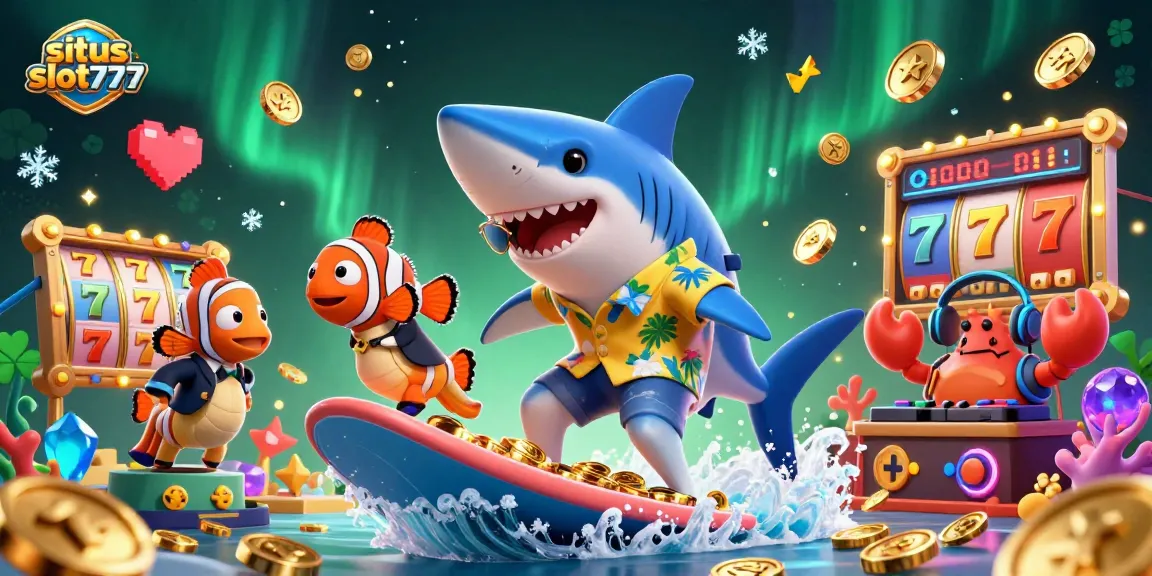 Situs slot777 offers exciting gaming options with a shark celebrating victories on gold coins.